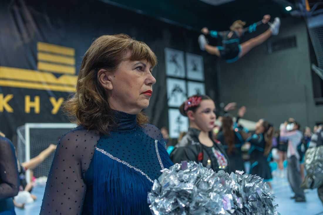 Halyna Plakhuta, 63, an accountant and member of the Sunrise cheerleading team.