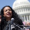 Analilia Mejia, co-executive director of Center for Popular Democracy, speaks during a news conference outside the U.S. Capitol on April 19, 2023 in Washington, D.C.