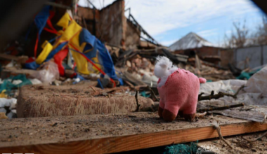 A soft toy is seen among the wreckage of a house in the north-eastern Ukrainian town of Bohodukhiv after a Russian drone strike. Photo: 11 February 2026