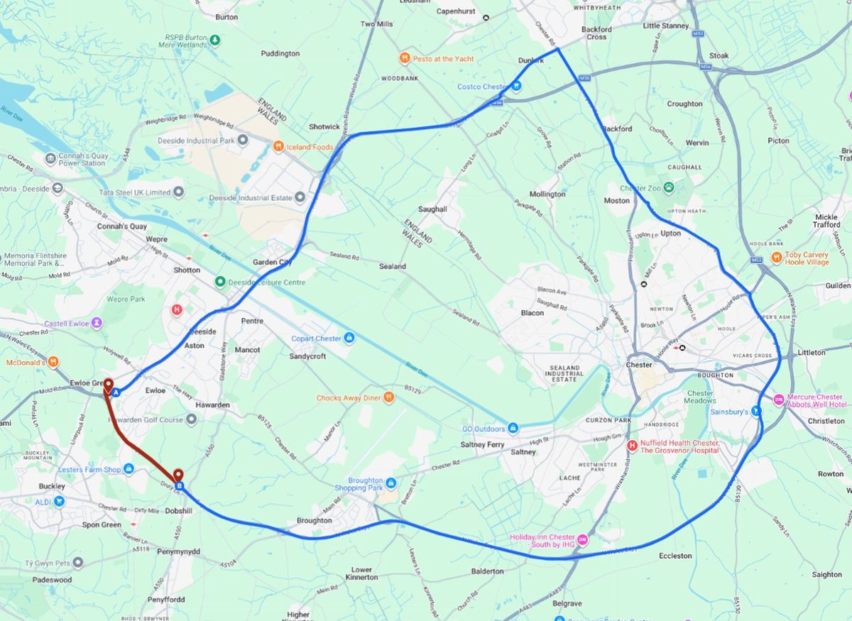 Diversion route when the eastbound A55 is closed between J34 Ewloe and J35 Dobshill
