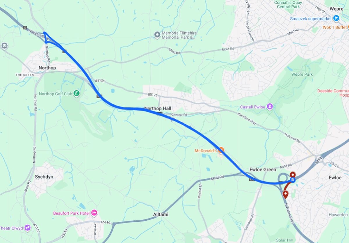 U-turn diversion via Northop for westbound A494 drivers approaching the A55 on-slip at Ewloe when it's closed