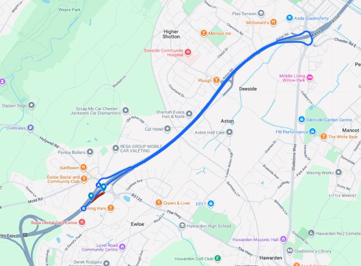 Diversion route for westbound drivers when the westbound on-slip is closed at the A494 St Davids roundabout
