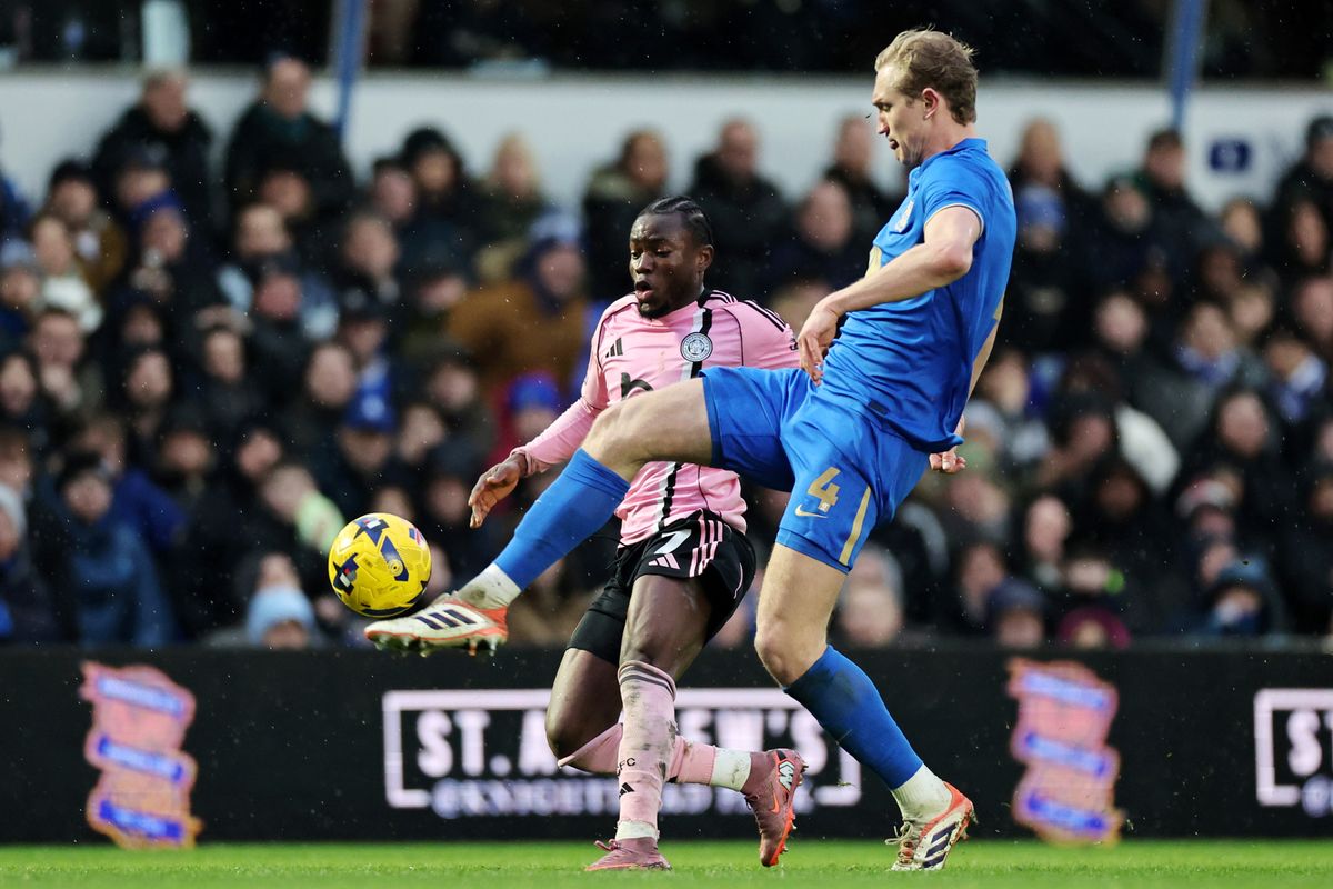 Abdul Fatawu of Leicester City in action with Christoph Klarer of Birmingham City