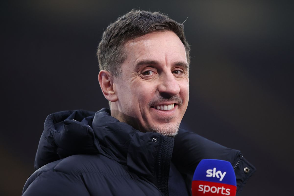 Sky Sports pundit Gary Neville looks on during the Premier League match between Aston Villa and Manchester United at Villa Park on December 21, 2025 in Birmingham, England. 