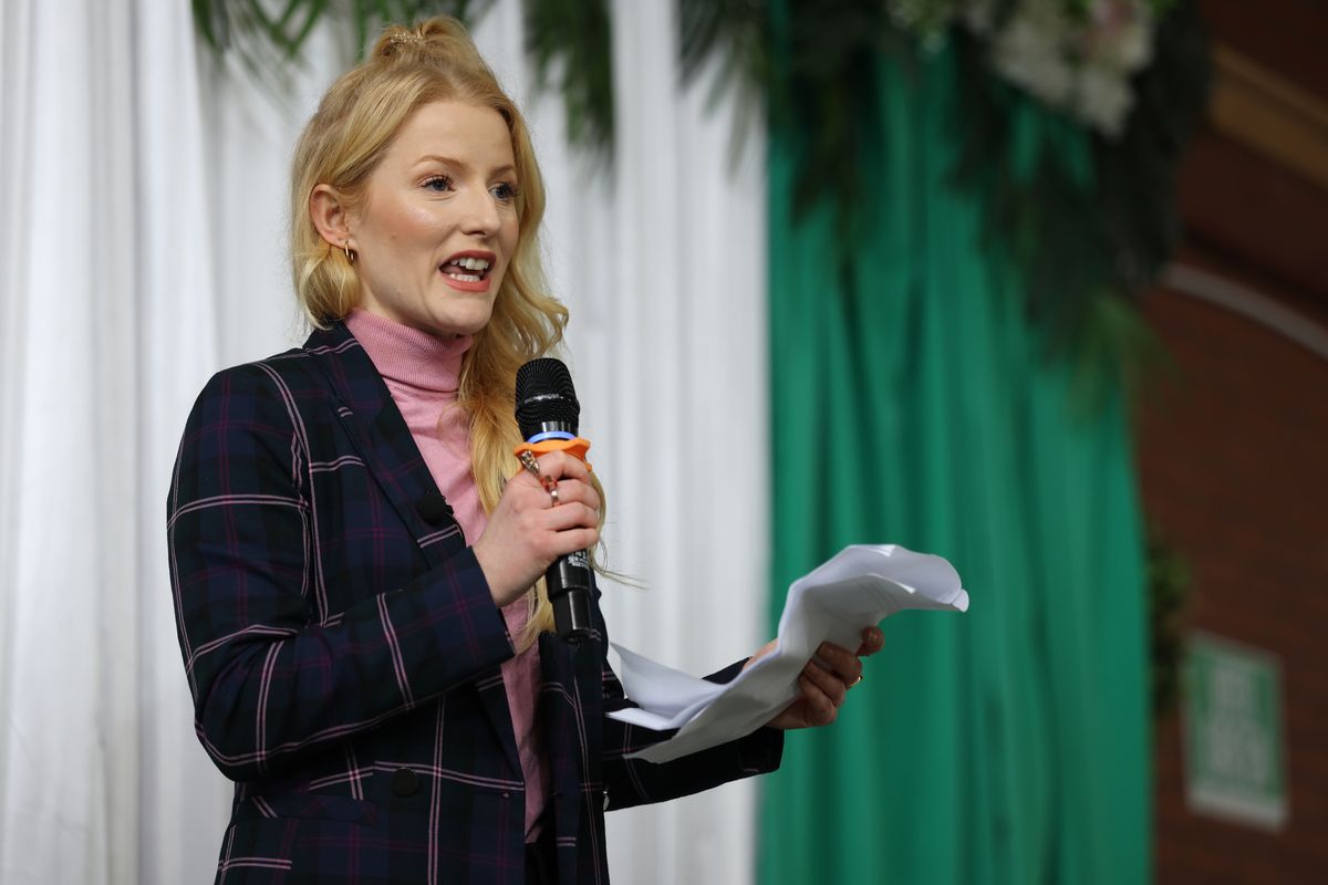 Green Party's Gorton and Denton by-election Candidate Hannah Spencer makes a speech on January 30, 2026 in Stockport. (Photo by Ryan Jenkinson/Getty Images)