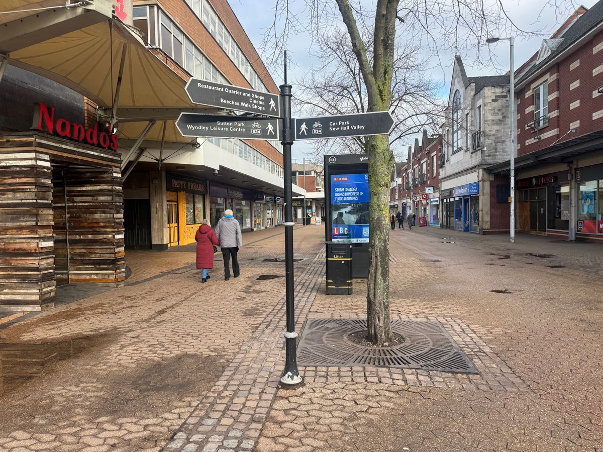 A general view of Sutton Coldfield's Parade between Nando's and Aldi 