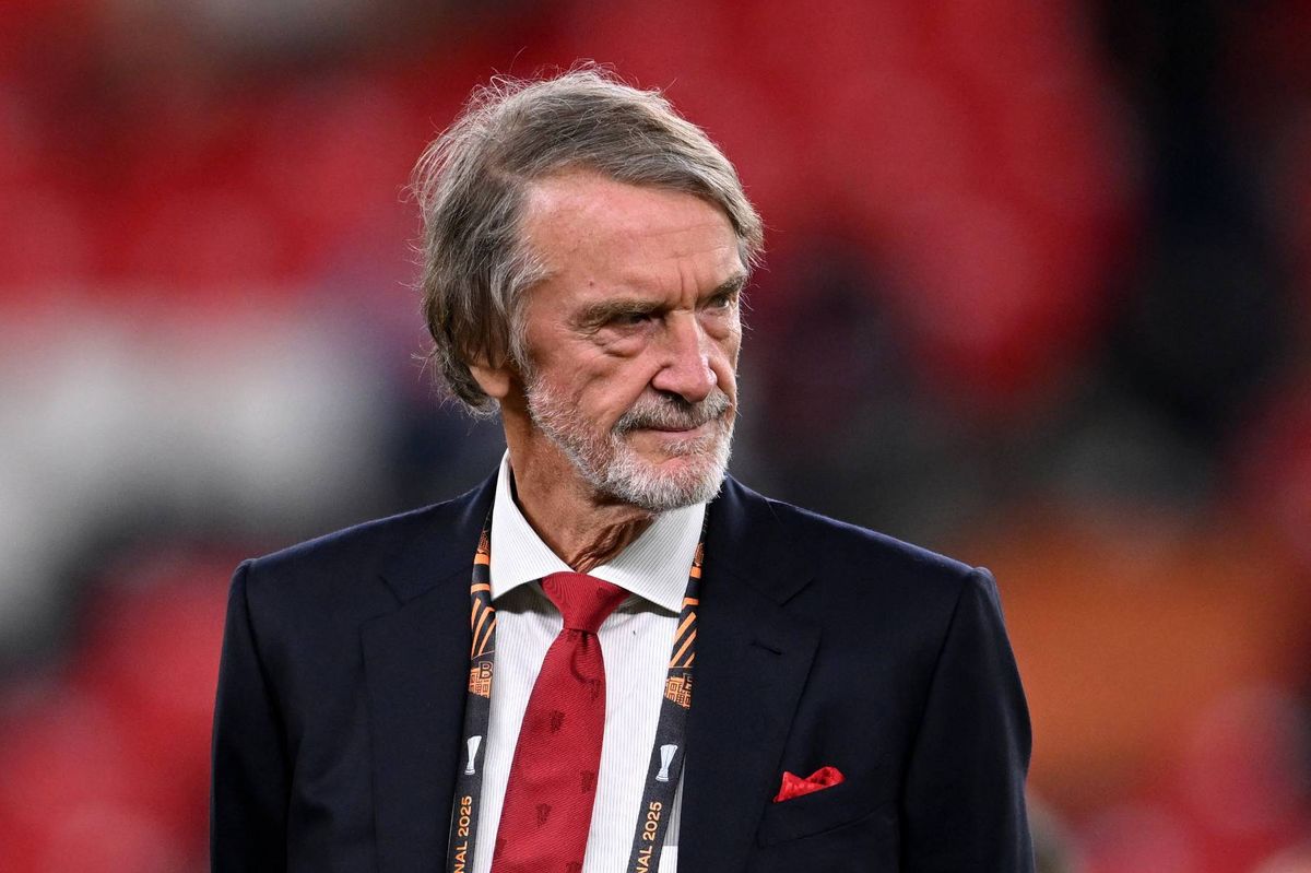 Sir Jim Ratcliffe, Co-owner of Manchester United, looks on before the trophy presentation after the UEFA Europa League Final 2025 between Tottenham Hotspur and Manchester United at Estadio de San Mames on May 21, 2025 in Bilbao, Spain