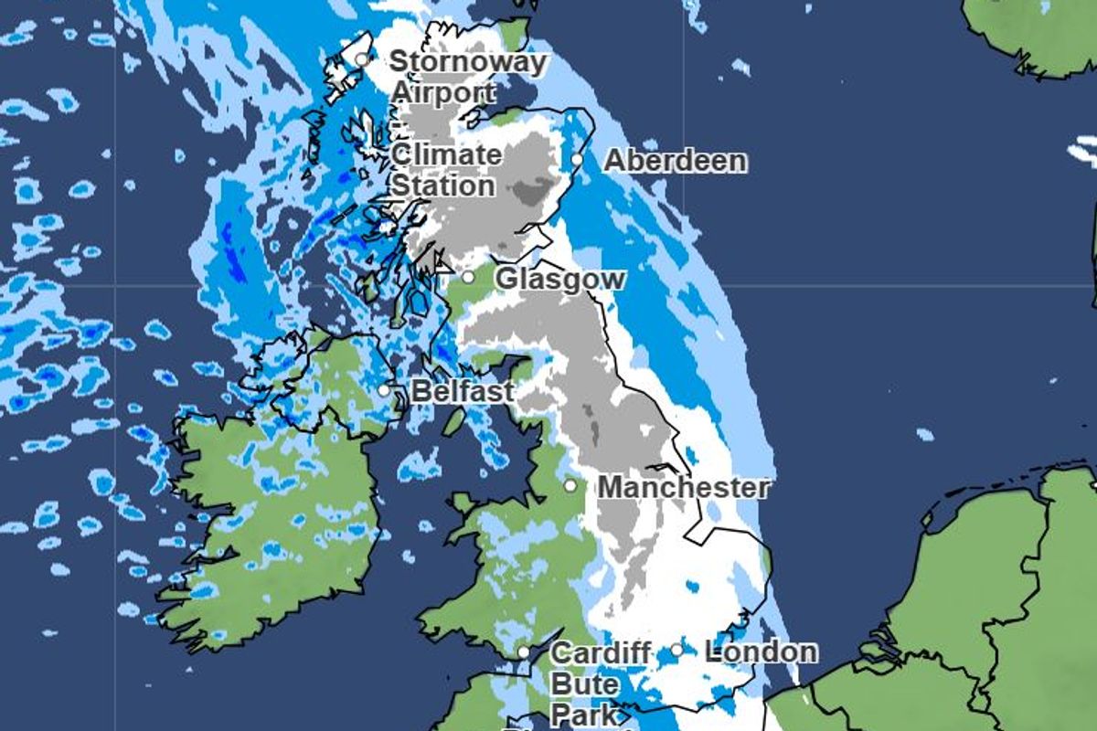 Met Office weather maps showing snow at 9am on Sunday 15 February