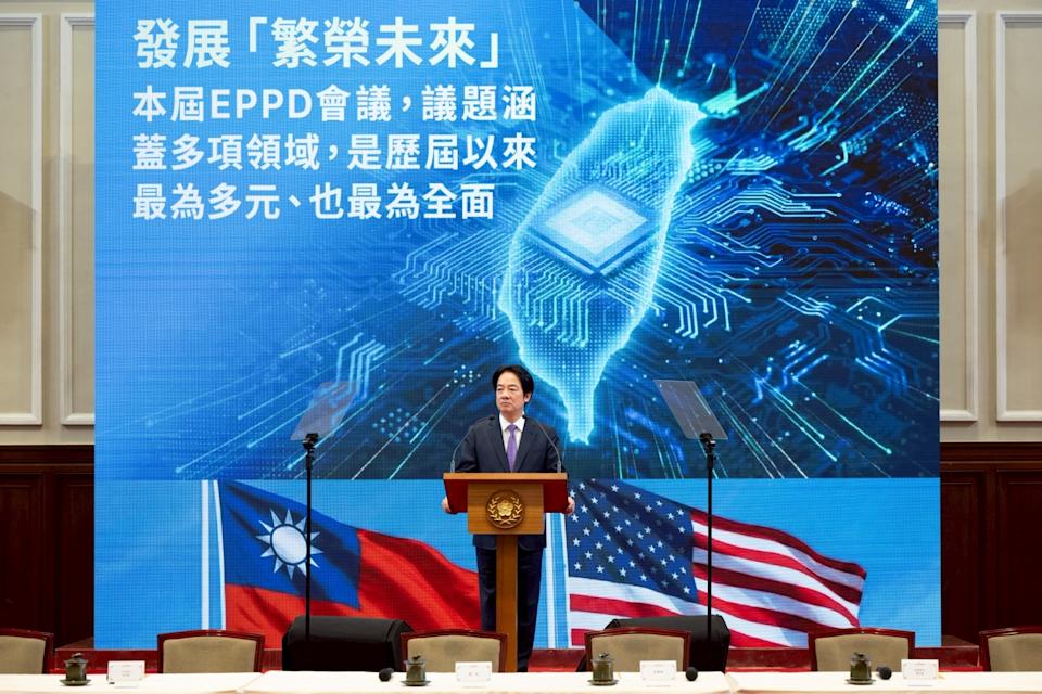 In this photo released by the Taiwan Presidential Office, Taiwan's President Lai Ching-te speaks during a press conference on 