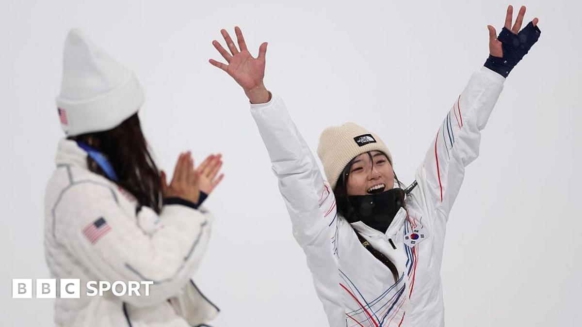 Choi Ga-on celebrates, watched on by Chloe Kim