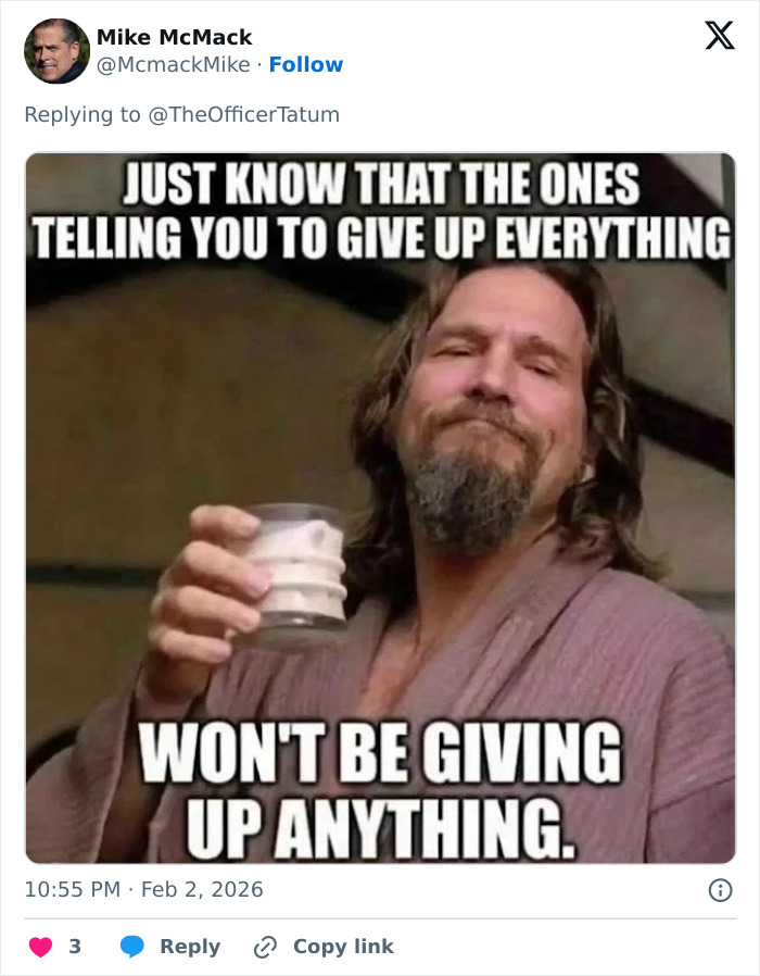 Man in robe holding a glass with text about not giving up, related to Billie Eilish’s Grammys rant and lavish lifestyle critique.