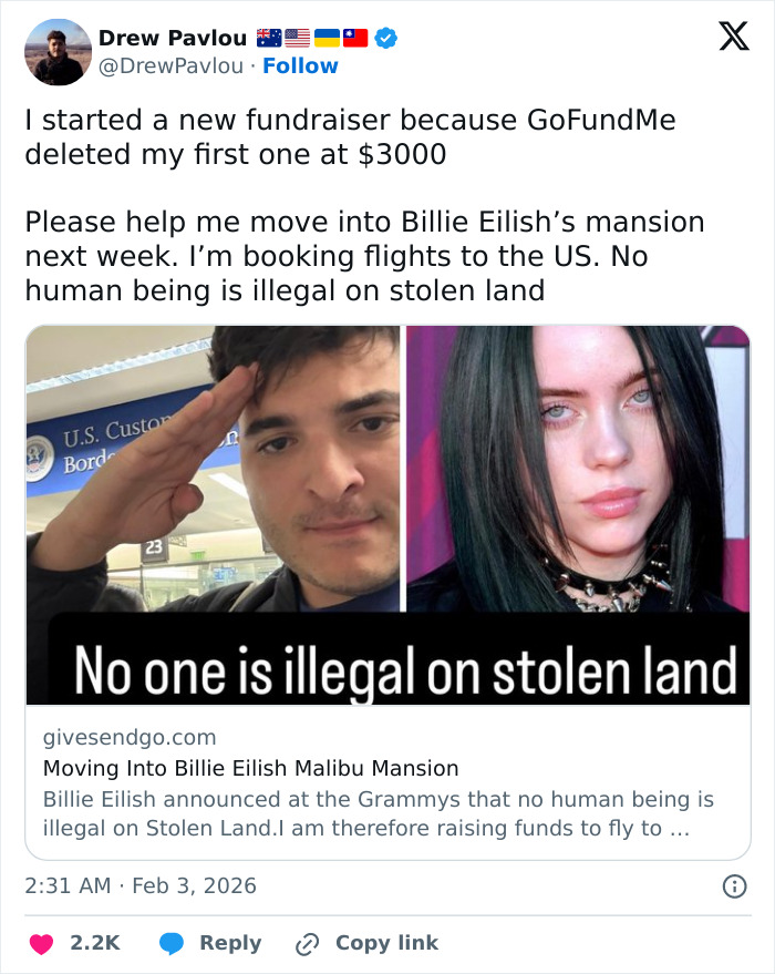 Tweet screenshot showing fundraiser plan to move into Billie Eilish’s mansion amid Grammys rant on lavish lifestyle controversy.