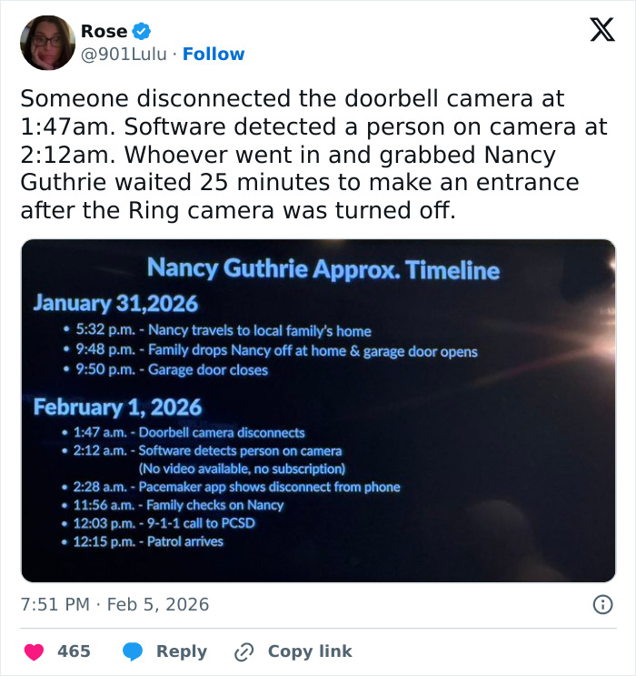 Tweet discussing Nancy Guthrie's disappearance timeline with details on doorbell camera disconnection and software detecting a person. Tweet discussing Nancy Guthrie's disappearance timeline with details on doorbell camera disconnection and software detecting a person.