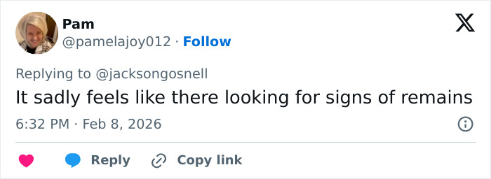 Twitter comment by Pam discussing signs of remains related to Nancy Guthrie's disappearance investigation. Twitter comment by Pam discussing signs of remains related to Nancy Guthrie's disappearance investigation.
