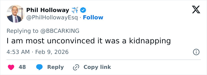 Phil Holloway tweeting skepticism about Nancy Guthrie's disappearance, questioning kidnapping theory in a social media reply. Phil Holloway tweeting skepticism about Nancy Guthrie's disappearance, questioning kidnapping theory in a social media reply.