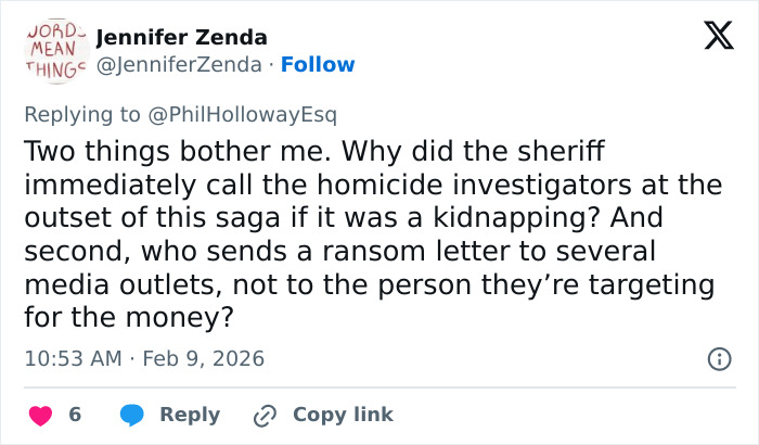 Tweet discussing FBI involvement and new insights on Nancy Guthrie's disappearance and investigation questions. Tweet discussing FBI involvement and new insights on Nancy Guthrie's disappearance and investigation questions.