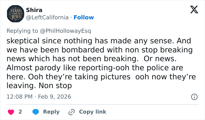 Tweet text expressing skepticism about nonstop breaking news coverage related to Nancy Guthrie's disappearance by FBI officials. Tweet text expressing skepticism about nonstop breaking news coverage related to Nancy Guthrie's disappearance by FBI officials.