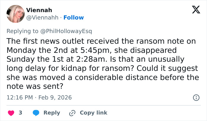 Screenshot of a tweet discussing the timing and ransom note details related to Nancy Guthrie's disappearance case. Screenshot of a tweet discussing the timing and ransom note details related to Nancy Guthrie's disappearance case.