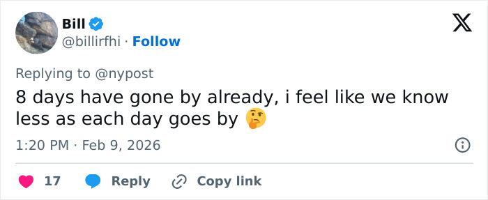 Tweet by user Bill expressing confusion about Nancy Guthrie's disappearance eight days after the event with a thinking face emoji. Tweet by user Bill expressing confusion about Nancy Guthrie's disappearance eight days after the event with a thinking face emoji.