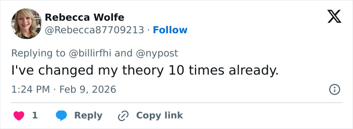 Screenshot of a tweet discussing changing theories about Nancy Guthrie's disappearance with mention of FBI official insights. Screenshot of a tweet discussing changing theories about Nancy Guthrie's disappearance with mention of FBI official insights.