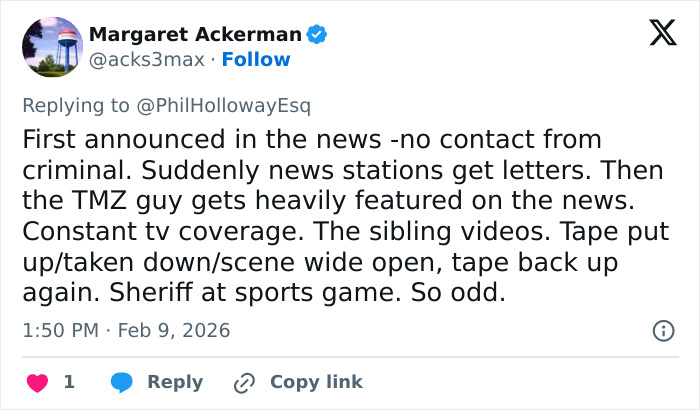 Tweet by Margaret Ackerman discussing news coverage and odd events related to Nancy Guthrie's disappearance and FBI involvement. Tweet by Margaret Ackerman discussing news coverage and odd events related to Nancy Guthrie's disappearance and FBI involvement.