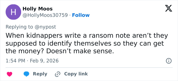 Tweet by Holly Moos questioning kidnapping ransom note logic in relation to Nancy Guthrie’s disappearance and FBI investigation updates. Tweet by Holly Moos questioning kidnapping ransom note logic in relation to Nancy Guthrie’s disappearance and FBI investigation updates.