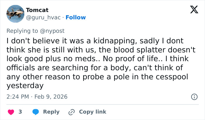 Tweet discussing doubts about Nancy Guthrie's disappearance and speculation on FBI officials searching for a body. Tweet discussing doubts about Nancy Guthrie's disappearance and speculation on FBI officials searching for a body.