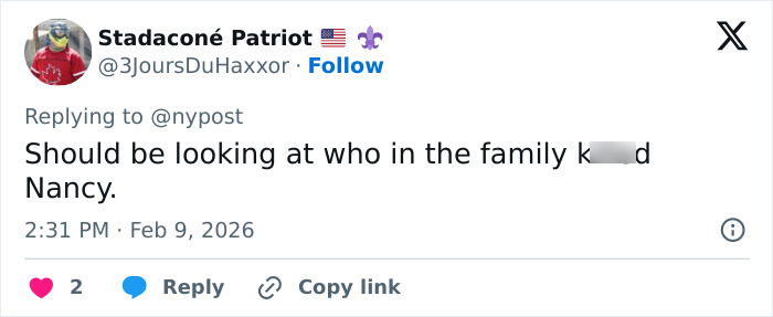 Tweet from Stadaconé Patriot questioning family involvement in Nancy Guthrie's disappearance amid FBI investigation updates. Tweet from Stadaconé Patriot questioning family involvement in Nancy Guthrie's disappearance amid FBI investigation updates.