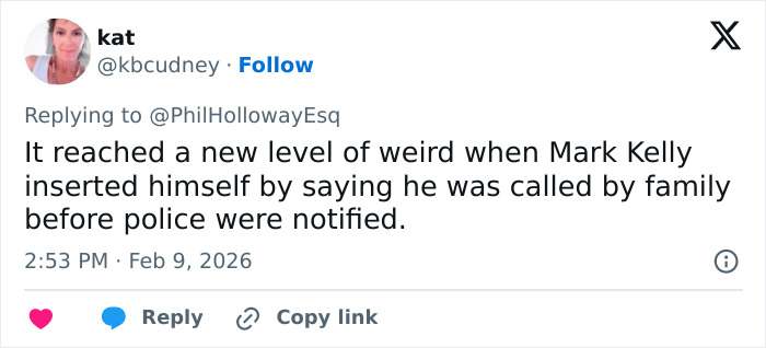 Tweet discussing new revelations about Nancy Guthrie disappearance involving family and police notification timing. Tweet discussing new revelations about Nancy Guthrie disappearance involving family and police notification timing.