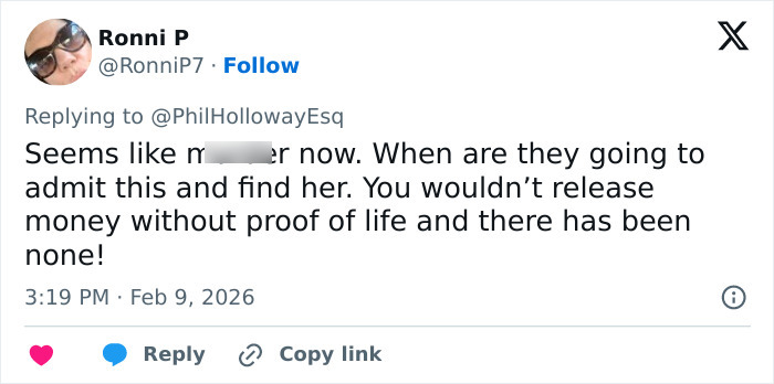 Screenshot of a tweet discussing Nancy Guthrie's disappearance, mentioning proof of life and efforts to find her. Screenshot of a tweet discussing Nancy Guthrie's disappearance, mentioning proof of life and efforts to find her.