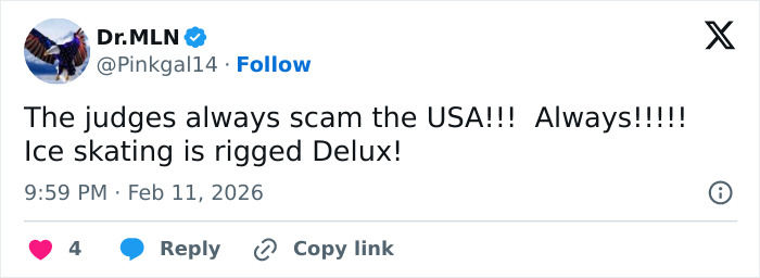 Tweet from a user accusing judge’s scores of rigging in ice skating, sparking cheating accusations in the Olympian event.