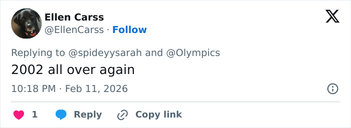 Tweet by Ellen Carss reacting to judge’s conspicuous scores, sparking cheating accusations in Olympics controversy online.