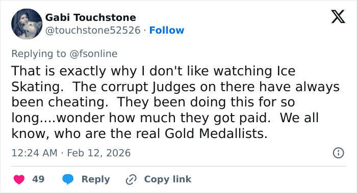 Tweet showing fan accusing corrupt judges of cheating in ice skating after suspicious scores in Olympian event