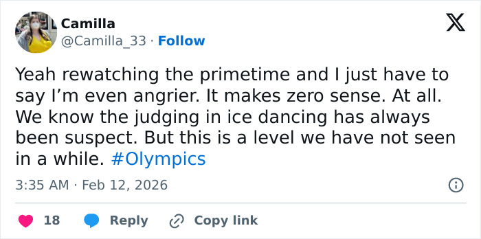 Twitter post by Camilla expressing anger over suspicious Olympics ice dancing judging and possible cheating accusations.