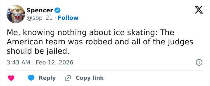 Tweet screenshot showing a user commenting on ice skating judging scores and accusations of cheating in a sports controversy.