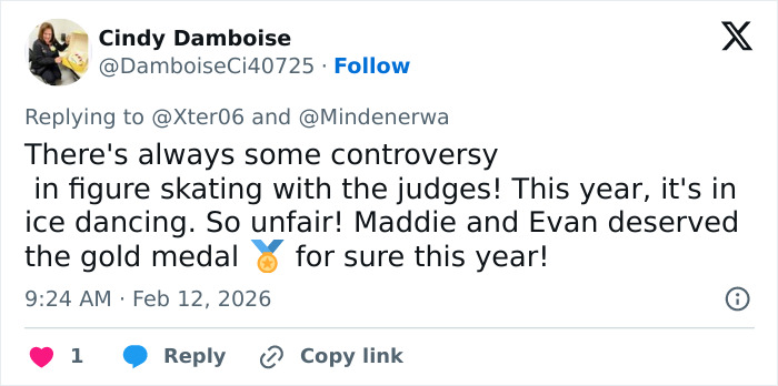 Tweet discussing controversy in ice dancing judges' scores and claims of unfair cheating accusations in Olympic skating.
