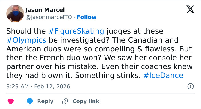 Tweet discussing figure skating judges' scores at the Olympics sparking cheating accusations after a controversial win.