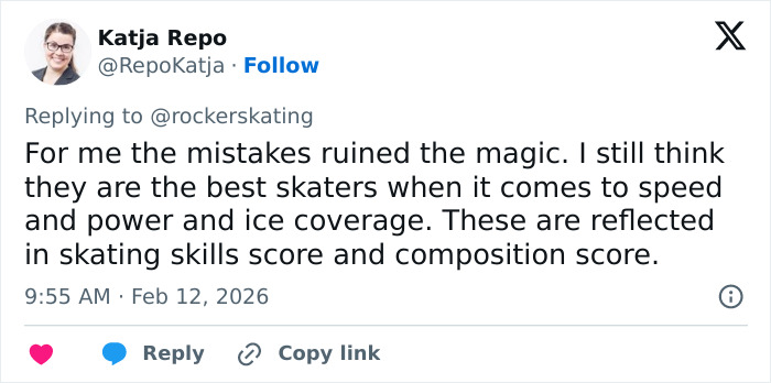 Tweet from Katja Repo discussing skating skills scores and composition scores amid accusations of judge's conspicuous scores in Olympian event.