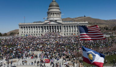 People participate in a protest, in a demonstration that is part of larger "Hands off" events organized nationwide against...