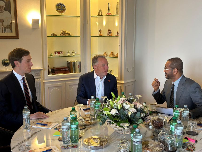 Oman's Foreign Minister Sayyid Badr bin Hamad Al Busaidi, right, meets with US Special Envoy Steve Witkoff, center, and President Donald Trump's son-in-law, Jared Kushner ahead of the indirect US-Iran talks, in Geneva, Switzerland, on February 17, 2026.