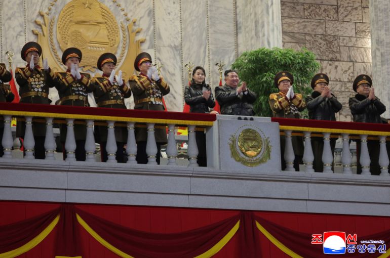 North Korean leader Kim Jong Un and his daughter Kim Ju Ae attend a military parade to commemorate the Ninth Congress of the ruling Workers' Party of Korea (WPK) in Pyongyang, North Korea, February 25, 2026, in this picture released by North Korea's official Korean Central News Agency. KCNA via REUTERS ATTENTION EDITORS - THIS IMAGE WAS PROVIDED BY A THIRD PARTY. REUTERS IS UNABLE TO INDEPENDENTLY VERIFY THIS IMAGE. NO THIRD PARTY SALES. SOUTH KOREA OUT. NO COMMERCIAL OR EDITORIAL SALES IN SOUTH KOREA.