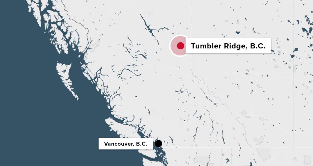 Tumbler Ridge, B.C., and Vancouver, B.C. indicated on a map.