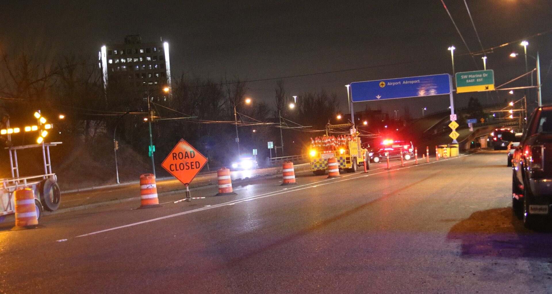 Police and crews block access to the Arthur Laing Bridge