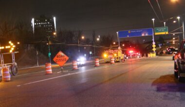 Police and crews block access to the Arthur Laing Bridge