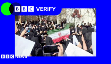 Promo Verify image showing students at Tehran's al-Zahra University set the flag of the Islamic Republic on fire