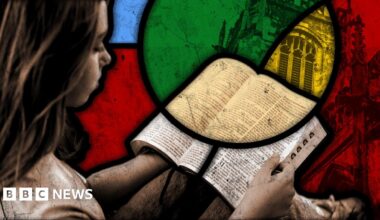 An illustration showing a young woman reading a bible with overlay colours and design resembling a stained glass window