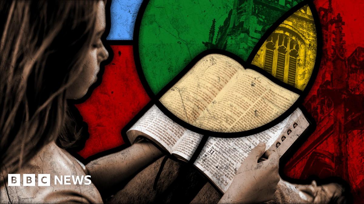 An illustration showing a young woman reading a bible with overlay colours and design resembling a stained glass window