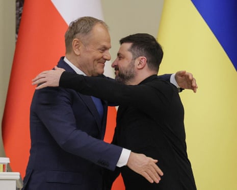 Ukrainian president Volodymyr Zelenskyy and Polish prime minister Donald Tusk attend a press conference after their meeting at the Mariinskyi Palace in Kyiv, Ukraine.