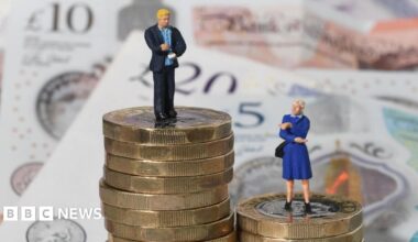 Tiny models of a man and woman on a pile of coins and bank notes. The male models are on the higher pile, visualising the gender pay gap.