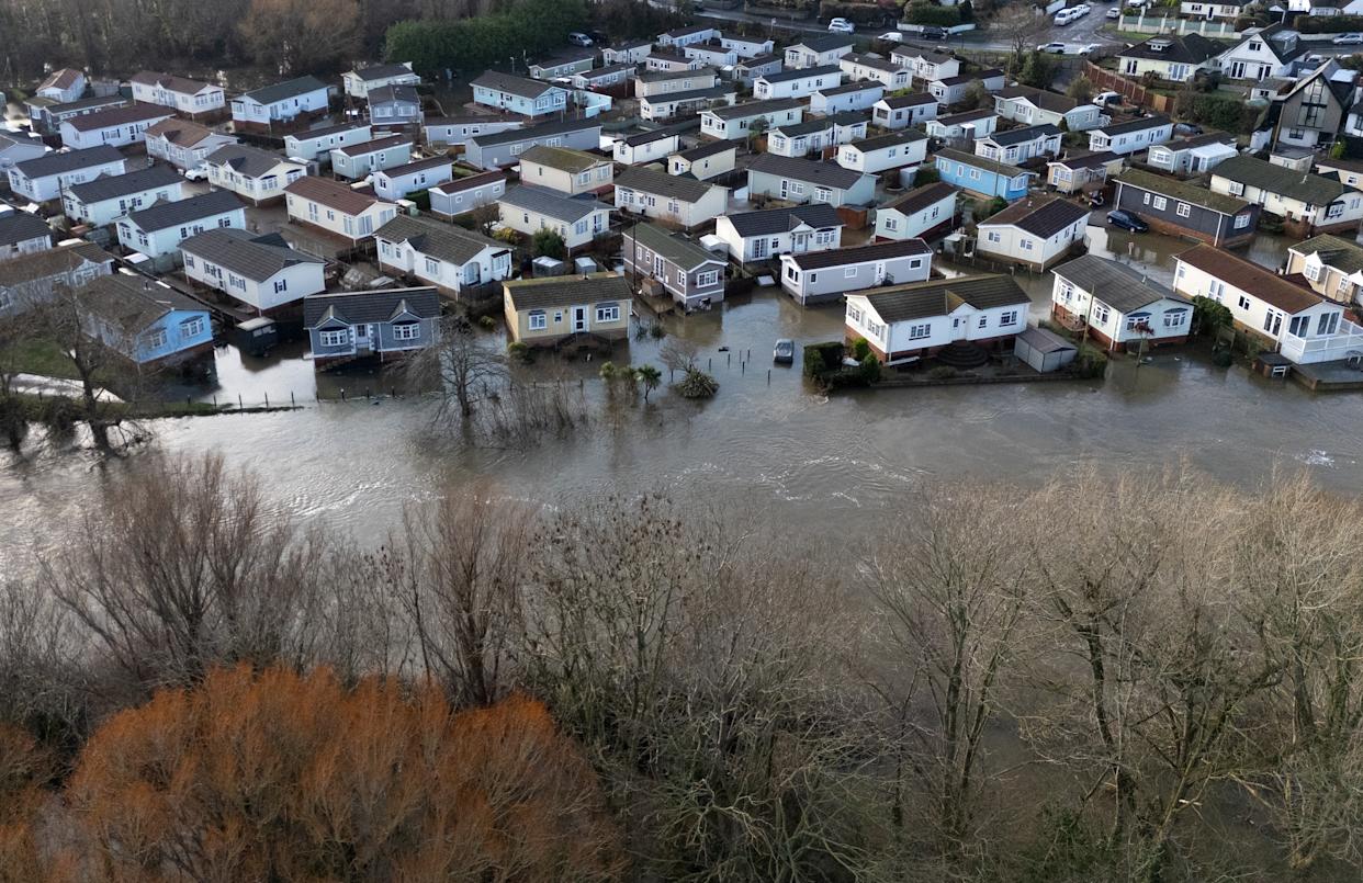 Flooding at Iford Bridge Home Park in Bournemouth. Heavy rain is expected to cause transport disruption and could worsen flooding in some areas, the Met Office has warned. Rain will fall on already saturated ground following Storm Chandra, raising concerns of further flooding. Picture date: Thursday January 29, 2026. (Photo by Andrew Matthews/PA Images via Getty Images)